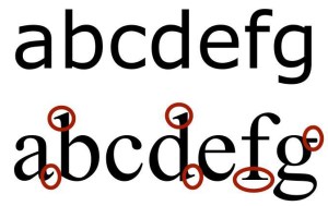 The top row of letters are the lowercase letters a, b, c, d, e, f, and g in a sans serif font. The bottom row of letters are the lowercase letters a, b, c, d, e, f, and g in a serif font with the serifs at the ends of the letters a, b, d, f, and g circled in red.