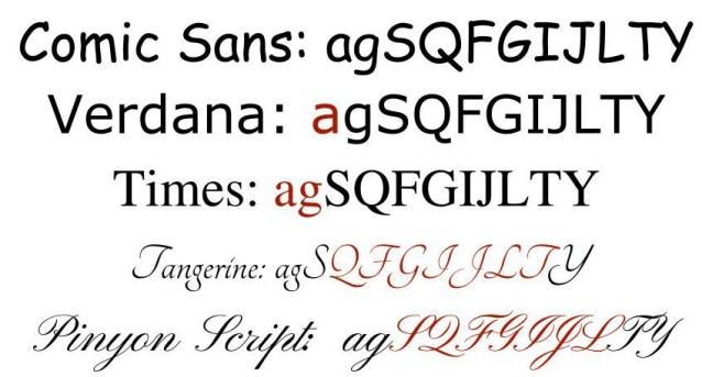 Five rows of the letters a, g, S, Q, F, G, I, J, L, T, and Y in the font comic sans in the top row. Followed by depictions in the fonts verdana, times, tangerine, and pinyon script. Letters that differ from printed handwriting are shown in red.